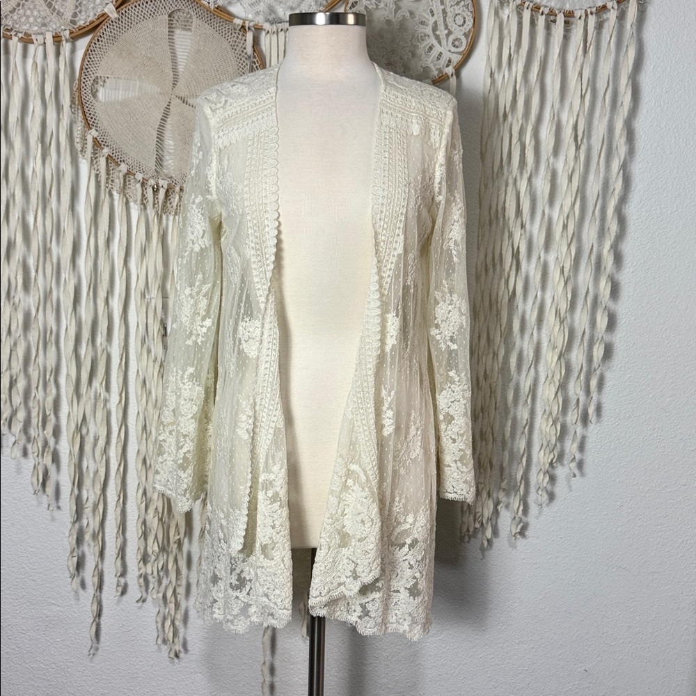 Sundance Cream Open Front Bell Sleeve Lace Kimono Duster Size Small